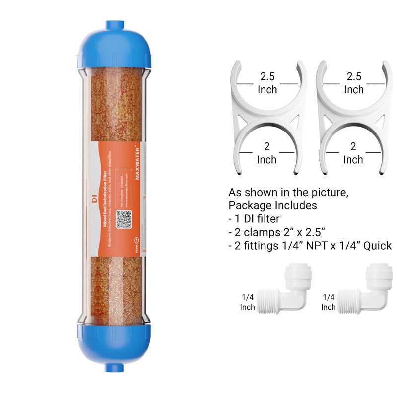 Max Water 10" Refillable Mixed Bed Ion Exchange Aquarium Filter for High TDS Water, RO DI Resin Refillable Housing with Clamps &Fittings, Compatible with 10" Aquarium Reverse Osmosis Water Filtration Systems - Image 2